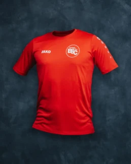 Rotes Fanshirt, Vorderseite mit BSC-Logo auf der linken Brust