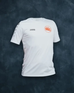 Weißes Fanshirt, Vorderseite mit orangem BSC-Logo auf der linken Brust
